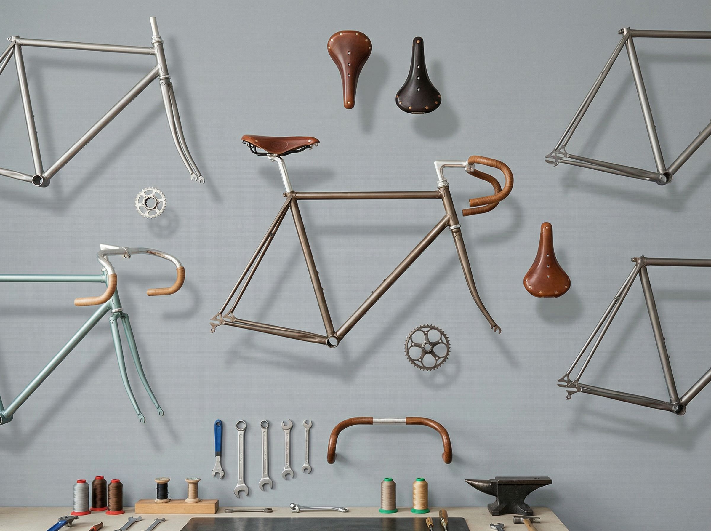 about-02 A row of vintage bicycles parked in a lush green field with a wire fence backdrop.