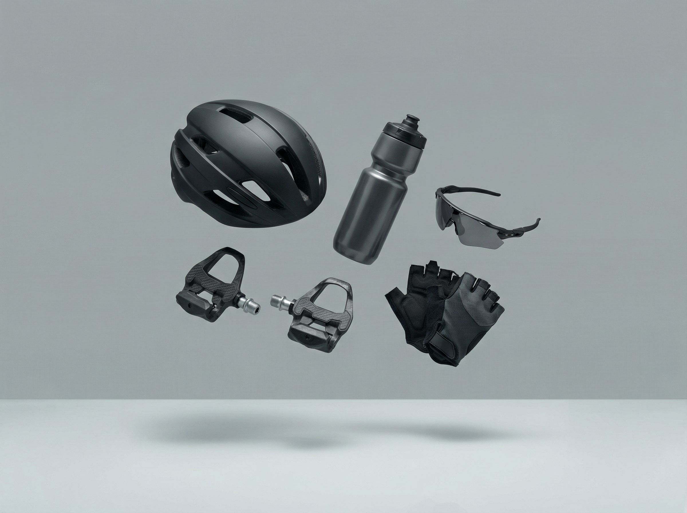 Multiple bicycles with helmets parked on a stone pavement. Ideal for urban transport themes.